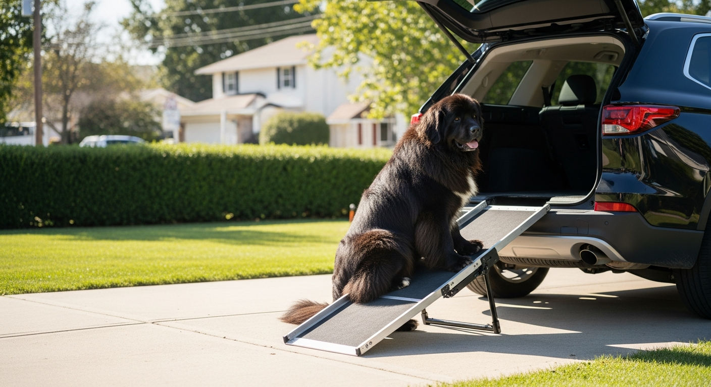 Newfoundland dog entering an SUV via a sturdy pet ramp in a suburban driveway